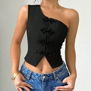 NWT Women's Size Large Asymmetrical One Shoulder Button Front Top Blouse